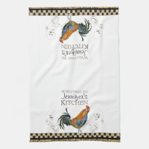 Cubalaya Rooster Black & Tan Check Swirl Kitchen Towel
