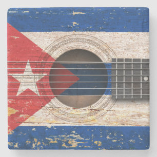 Cuban Flag on Old Acoustic Guitar Stone Coaster