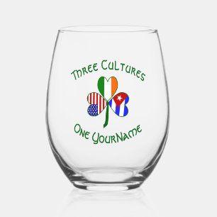 Cuban Irish America Flags Shamrock Personalized Stemless Wine Glass