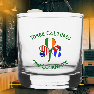 Cuban Irish USA Flags Shamrock Personalize Text Whiskey Glass