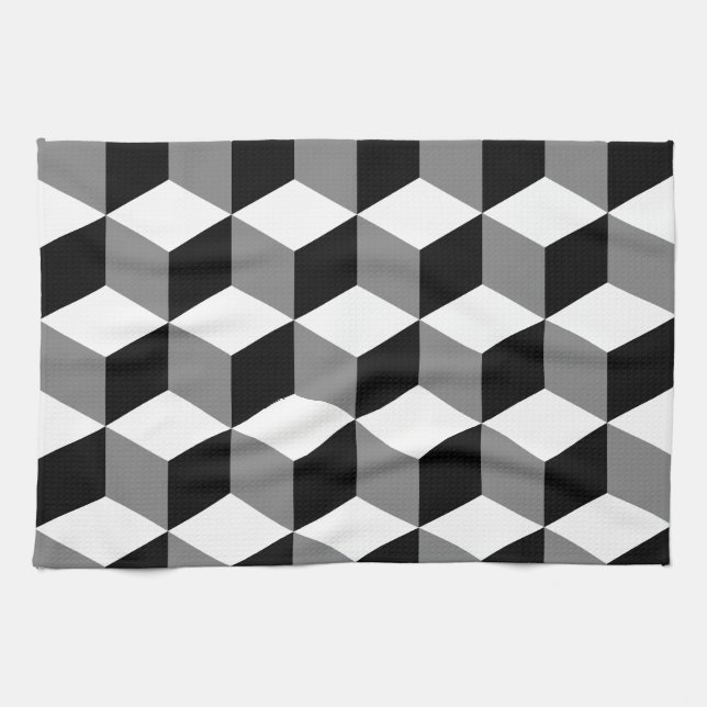 Cube Pattern Black White & Grey Kitchen Towel (Horizontal)