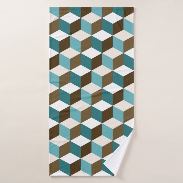 Cube Pattern Teals Brown Cream & White Bath Towel (Bath Towel)