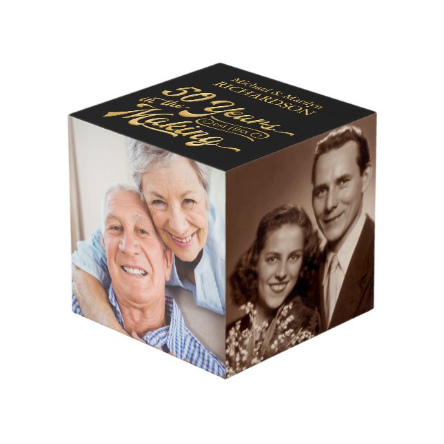 Cube Photo 50e anniversaire 4 photo Black & Gold Personnalisé (Angle devant)