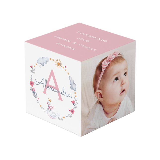 Cube Photo Cute cygne rose & couronne solaire fleurie avec mo (Angle devant)