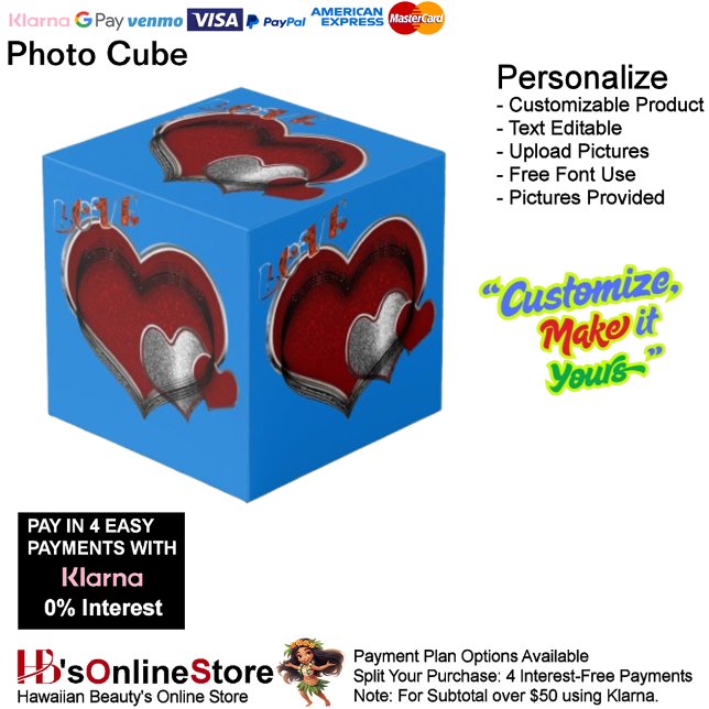 Cube photo en bleu magique du coeur (Love Heart Red Silver with Blue Background Cube.)