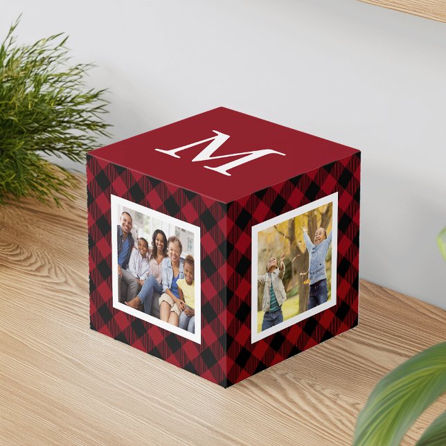 Cube Photo Famille Monogramme Plaid Buffalo (Créateur téléchargé)