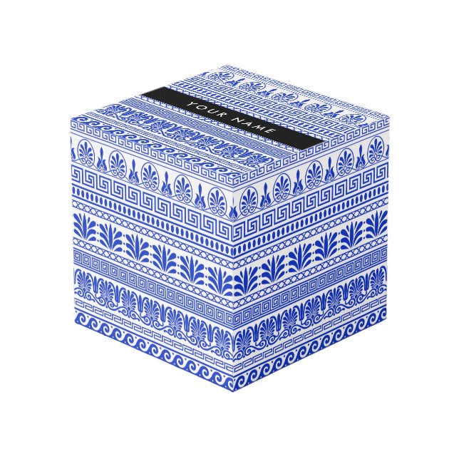 Cube Photo Fret grec, Clé de méandre mixte, Bleu, Votre Nom (Angle devant)