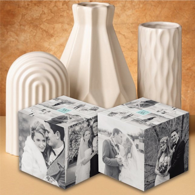Cube Photo Mariage Carré moderne Monogramme 8 Photo Collage (Modern Square Wedding Monogram 8 Photo Collage Cube @ fatfatin_blue_knot)