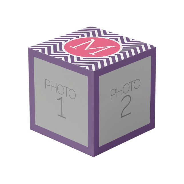 Cube Photo Motif à la mode Chevron avec Monogram - Rose Purpl (Angle devant)
