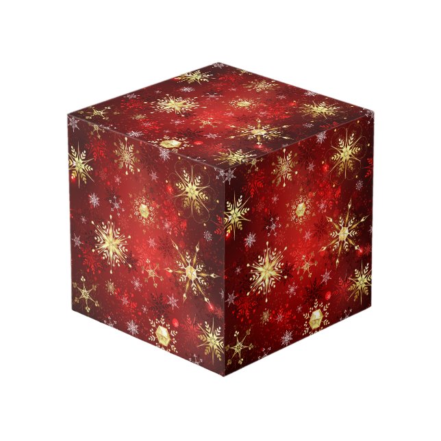 Cube Photo Noël Golden Snowflakes sur Arrière - plan rouge (Angle devant)