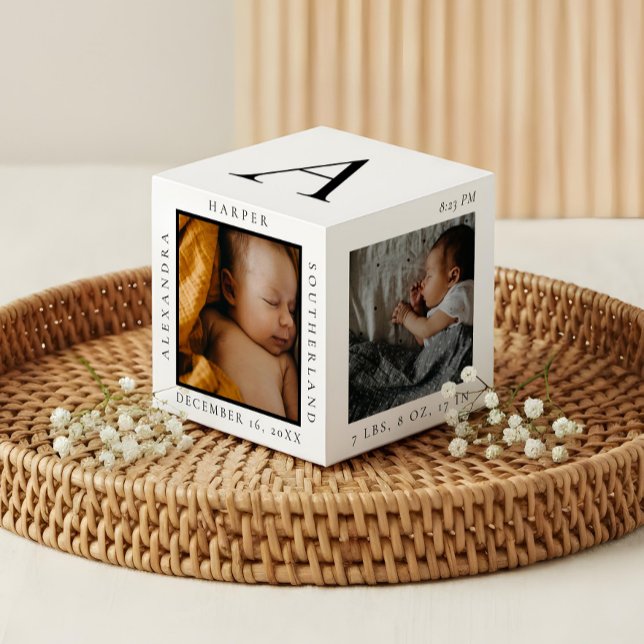 Cube Photo Nom du bébé minimal et statistiques de naissance (Minimal Baby Name & Birth Stats Photo Keepsake White Cube)