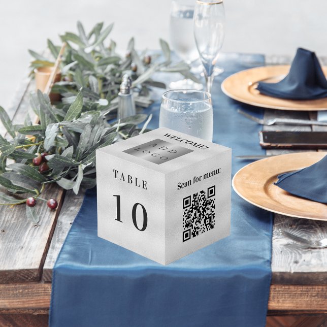 Cube Photo Numéro de table QR code menu argent logo de l'entr (Créateur téléchargé)