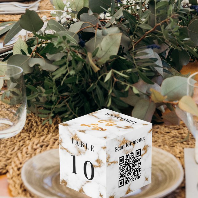 Cube Photo Numéro de table QR code menu marbre logo d'entrepr (Créateur téléchargé)
