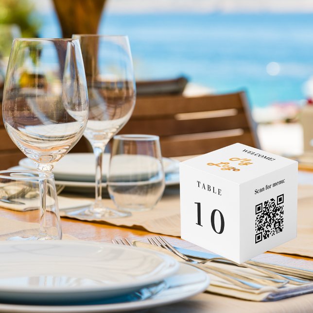 Cube Photo Numéro de tableau Code QR menu blanc logo de l'ent (Créateur téléchargé)