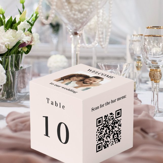 Cube Photo Numéro de tableau QR code barre menu photo blush r (Créateur téléchargé)