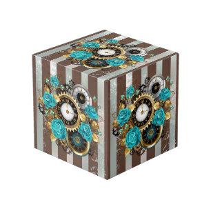 Cube Photo Steampunk Clock and Turquoise Roses on Striped