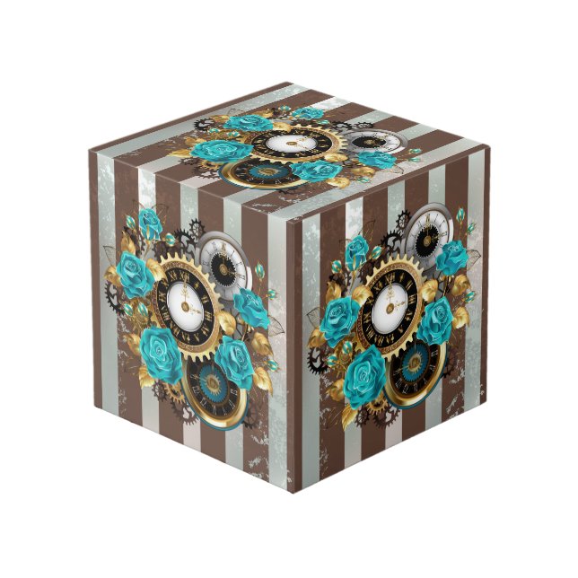 Cube Photo Steampunk Clock and Turquoise Roses on Striped (Angle devant)