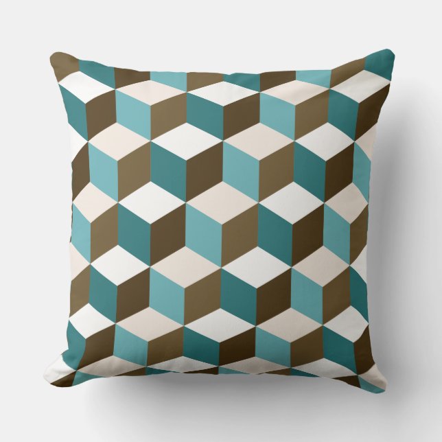 Cube Ptn Teals Brown Cream & White Throw Pillow (Front)