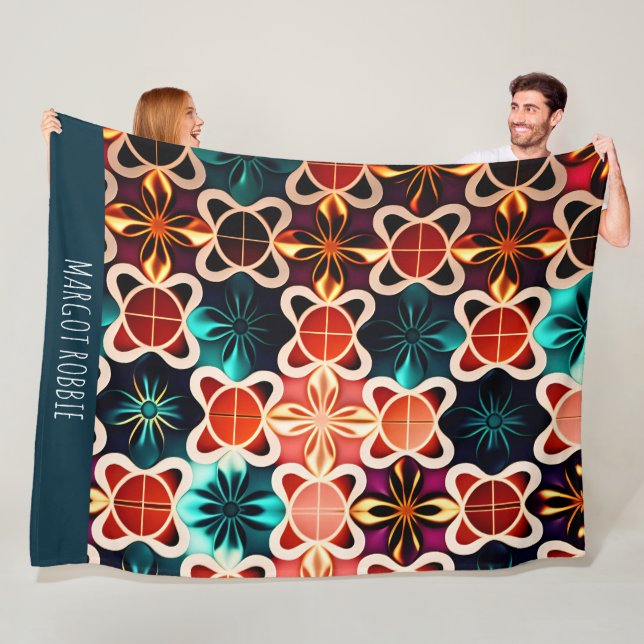 Cubic Flowers Red Floral Retro Pattern Fleece Blanket (In Situ)