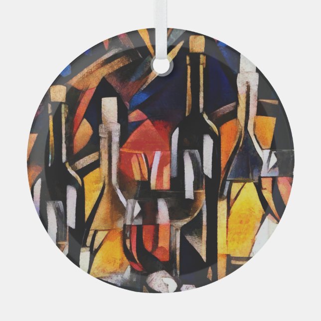 Cubism Wine Themes: Bottles & Grapes Glass Ornament (Front)