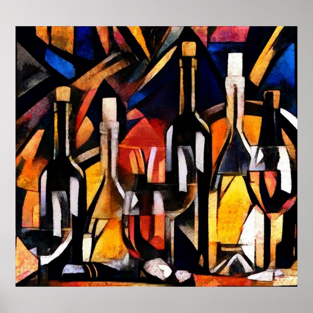 Cubism Wine Themes: Bottles & Grapes Poster (Front)