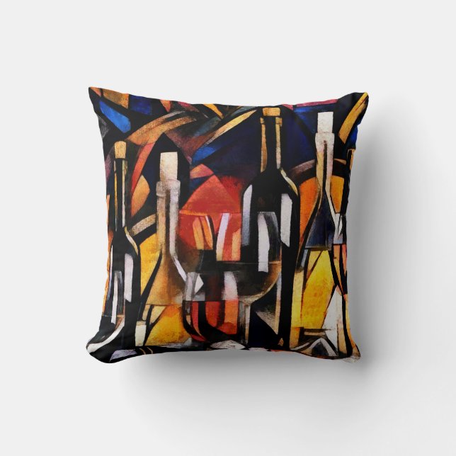 Cubism Wine Themes: Bottles & Grapes Throw Pillow (Front)