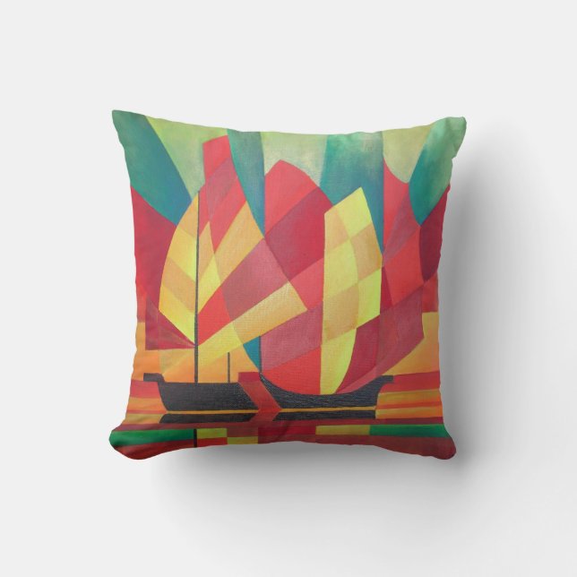 Cubist Abstract of Junk Sails and Ocean Skies Throw Pillow (Front)