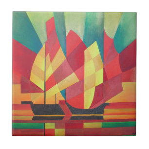 Cubist Abstract of Junk Sails and Ocean Skies Tile