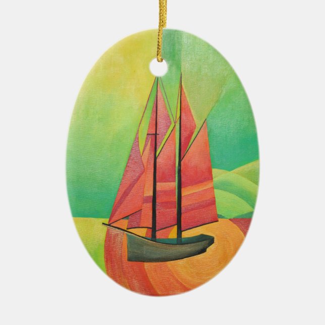 Cubist Abstract Sailing Boat Geometric Art Ceramic Ornament (Front)