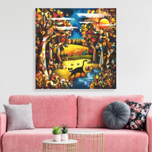  Cubist Autumn Forest with River and Meadow  Canvas Print
