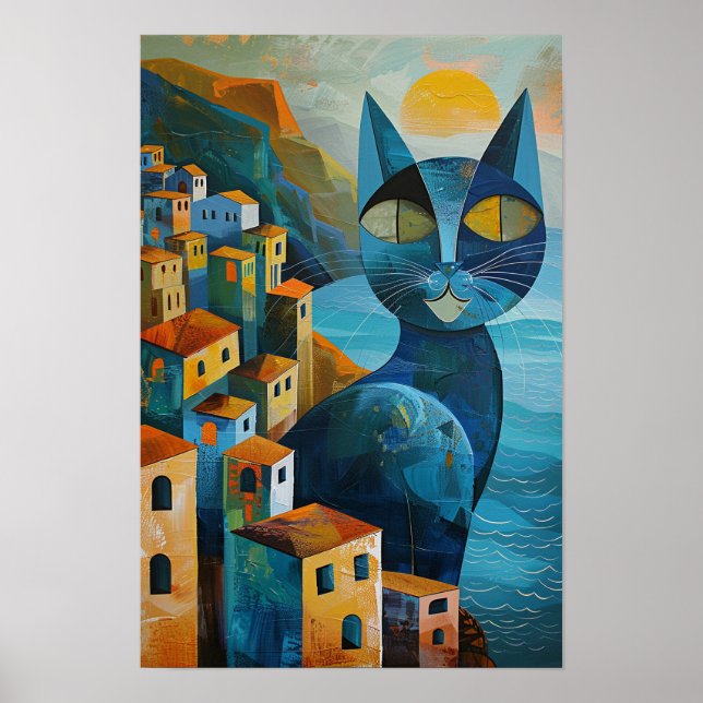 Cubist Blue Cats: Mediterranean Seascape Art Poster (Front)