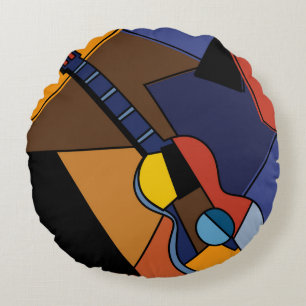 Cubist Guitar Surrealism Painting. Round Pillow