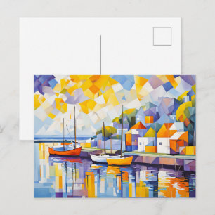 Cubist Harbour Scene with Boats Postcard