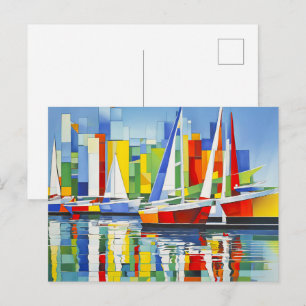 Cubist Sailboats in Colourful Harbour Postcard