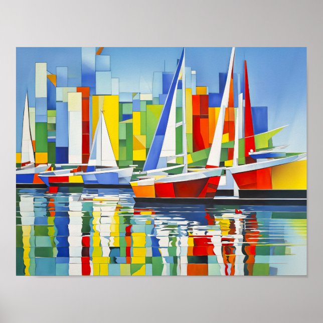 Cubist Sailboats in Colourful Harbour Poster (Front)