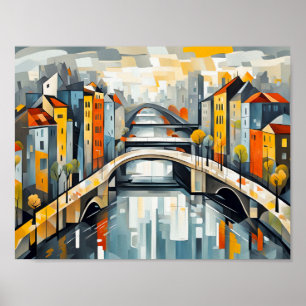 Cubist Snowy Bridge Over Reflected City Poster