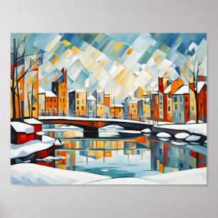 Cubist Snowy City with Canal Bridges Poster