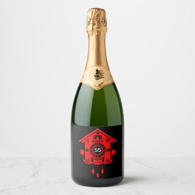 Cuckoo Clock Time Happy 55th Birthday Sparkling Wine Label (Front)