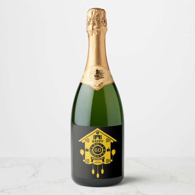 Cuckoo Clock Time Happy Birthday Sparkling Wine Label (Front)