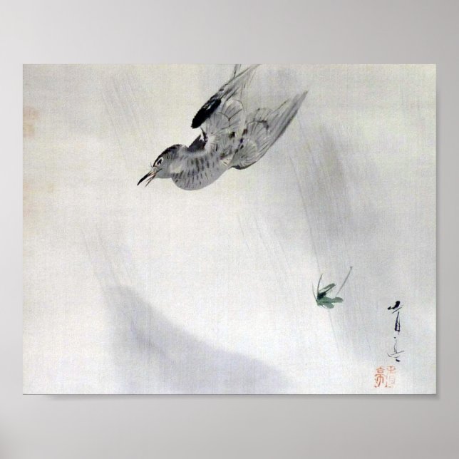 Cuckoo with a Falling Grasshopper, Watanabe Seitei Poster (Front)