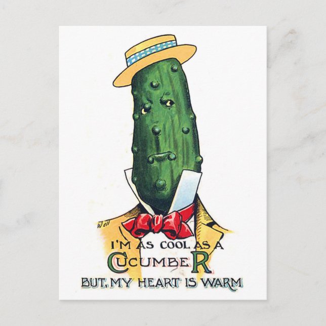 Cucumber cartoon with love message, funny vintage postcard (Front)