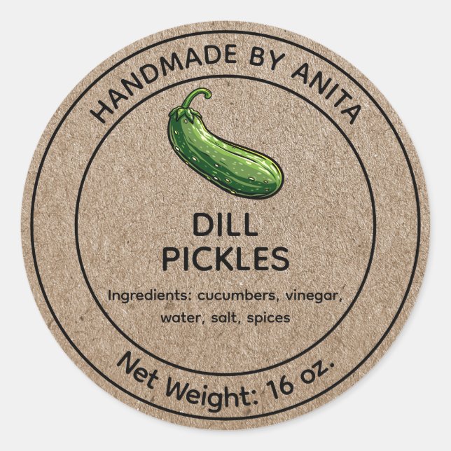 Cucumber Dill Pickles Jar Label Kraft Paper Style (Front)