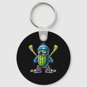 Cucumber Ice Hockey Cool Pickle Skater Keychain