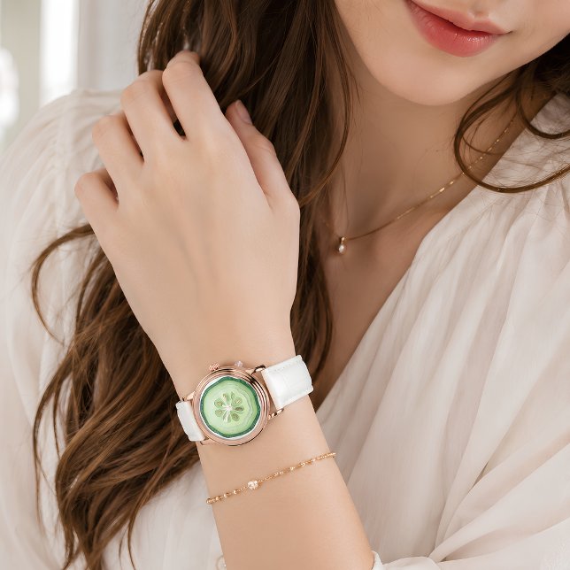 Cucumber Slice Rose Gold White Leather Watch (Cucumber Slice Rose Gold White Leather Watch)
