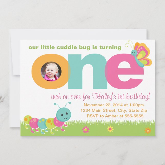 Cuddle Bug 1st Birthday Invitation 5x7 Photo Card (Front)