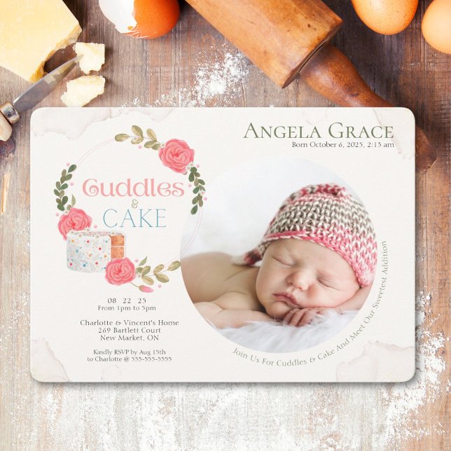 Cuddles & Cake Meet Our Baby Invitation (Invite you friends and family to cuddle, eat cake and meet baby with this adorable invitation.)