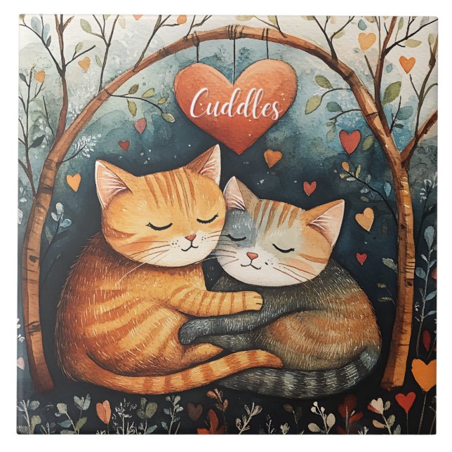 Cuddles Snuggles and Kitty Love Illustration Art Tile (Front)
