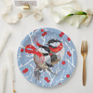 Cuddling Chickadees Christmas   Blue/Red Paper Plate
