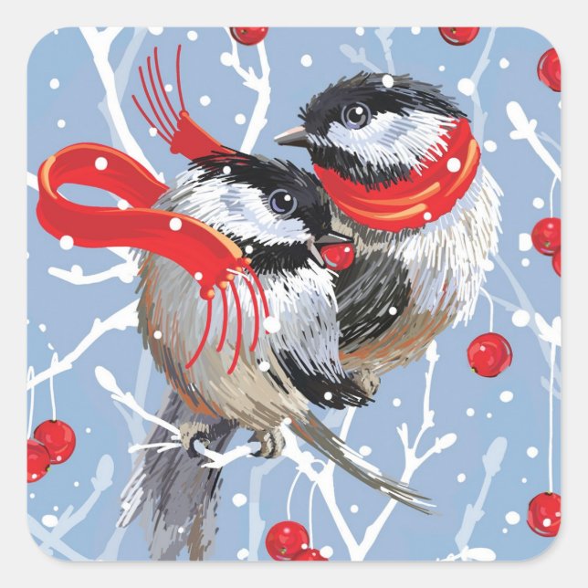 Cuddling Chickadees Christmas Square Sticker (Front)