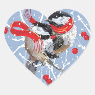 Cuddling Chickadees Love Christmas Heart Sticker